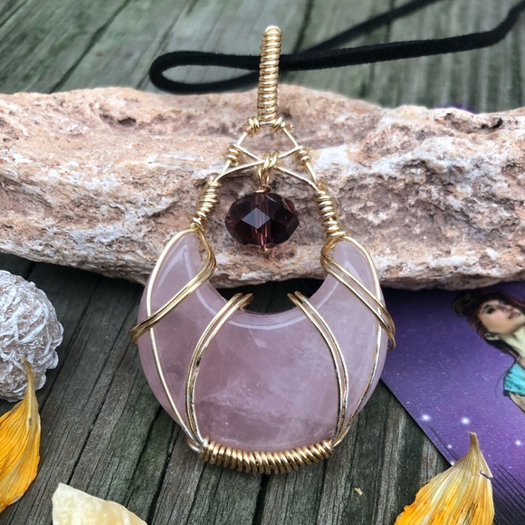 Wire Wrapped Rose Quartz Crescent Moon Crystal Necklace - Picture 7 of 14